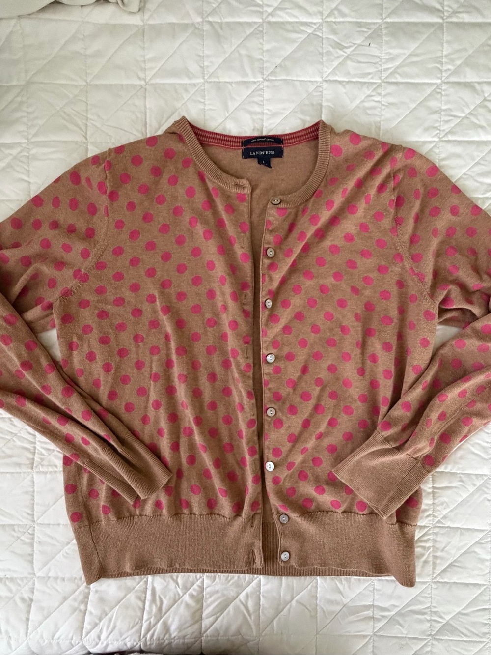 Land's End Pink Polka Dot Tan Cardigan 100% Supima Cotton Women's Large